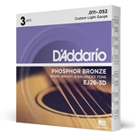 Daddario  EJ26-3D Phosphor Bronze Acoustic Guitar Strings, Custom Light, 11-52, 3 Sets