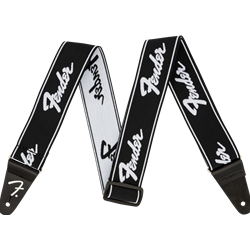 Fender 0990642074 WeighLess Running Logo Strap, Black/White, 2"