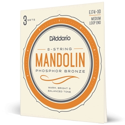 Daddario  EJ74-3D Mandolin Strings, Phosphor Bronze, Medium, 11-40, 3 Sets